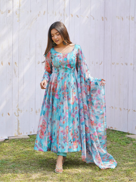 TABBY ORGANJA SILK FLAIR KALI PATTERN ANARKALLI SET