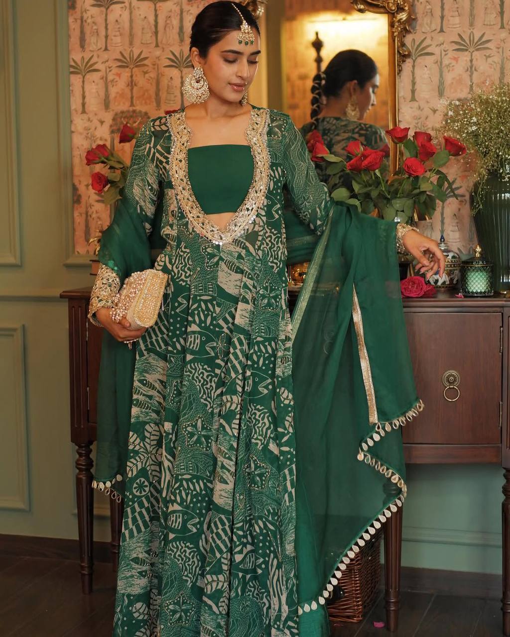 NEW TRENDY FOUR PIECE INDO WESTERN TOP BOTTOM BLOUSE WITH DUPATTA IN EMBROIDERED WORK