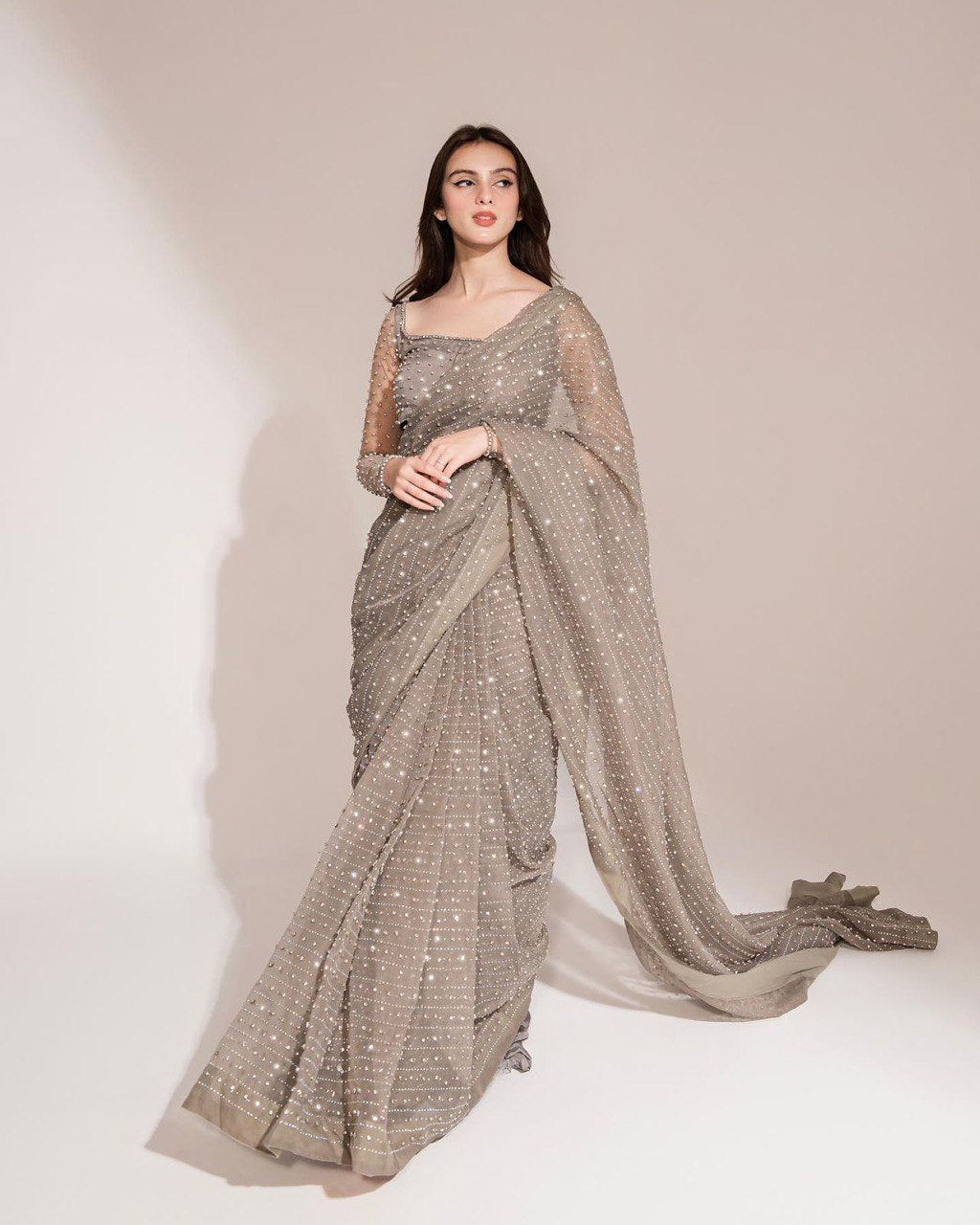 Georgette Swarovski Diamond Work Saree Set