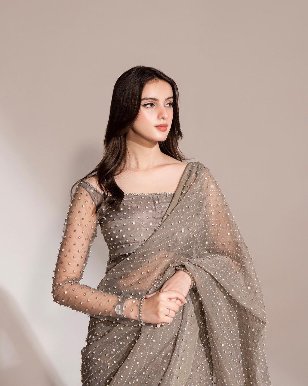 Georgette Swarovski Diamond Work Saree Set