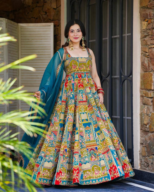 Digital Printed Cotton Anarkali Gown Set