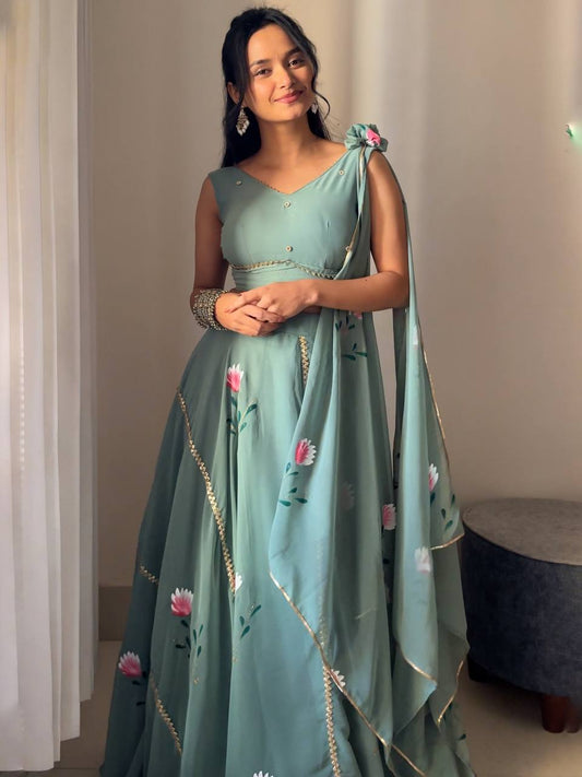 Premium Georgette Hand-Painted Lehenga Set