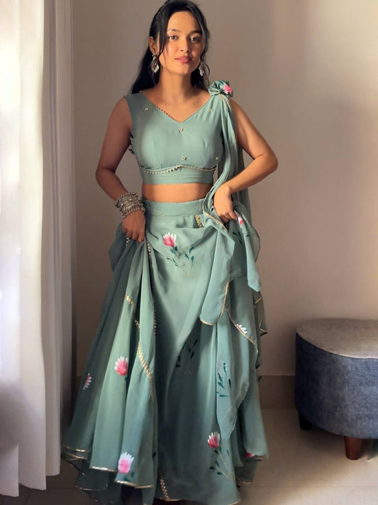 Premium Georgette Hand-Painted Lehenga Set