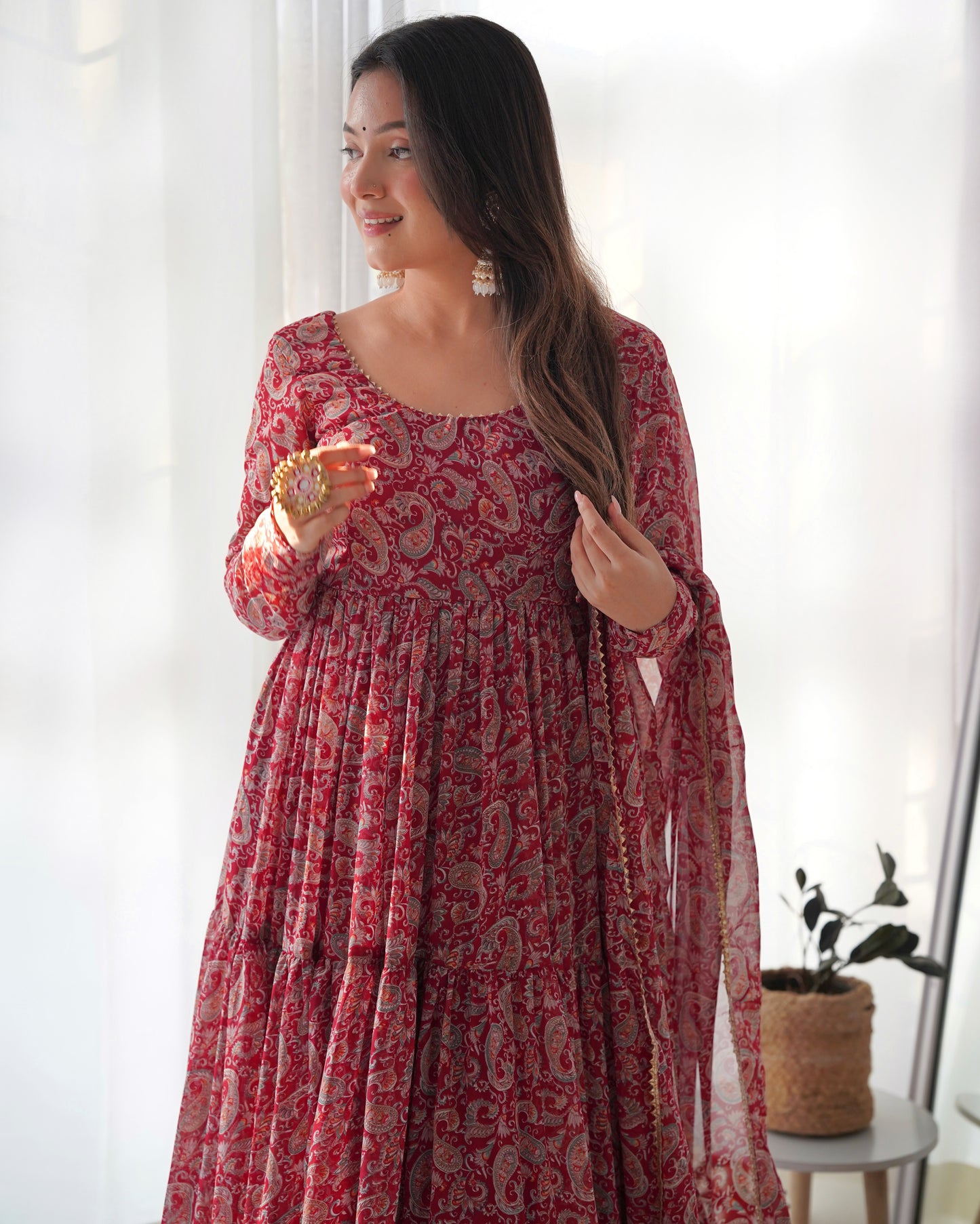 RED KALAMKARI PRINTED ANARKALI SET