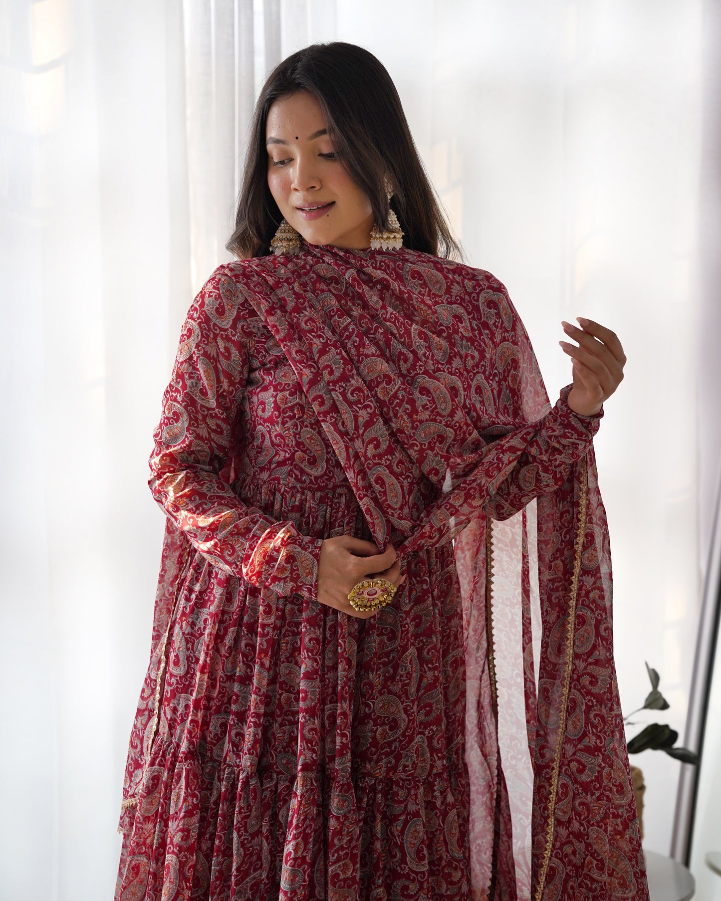 RED KALAMKARI PRINTED ANARKALI SET