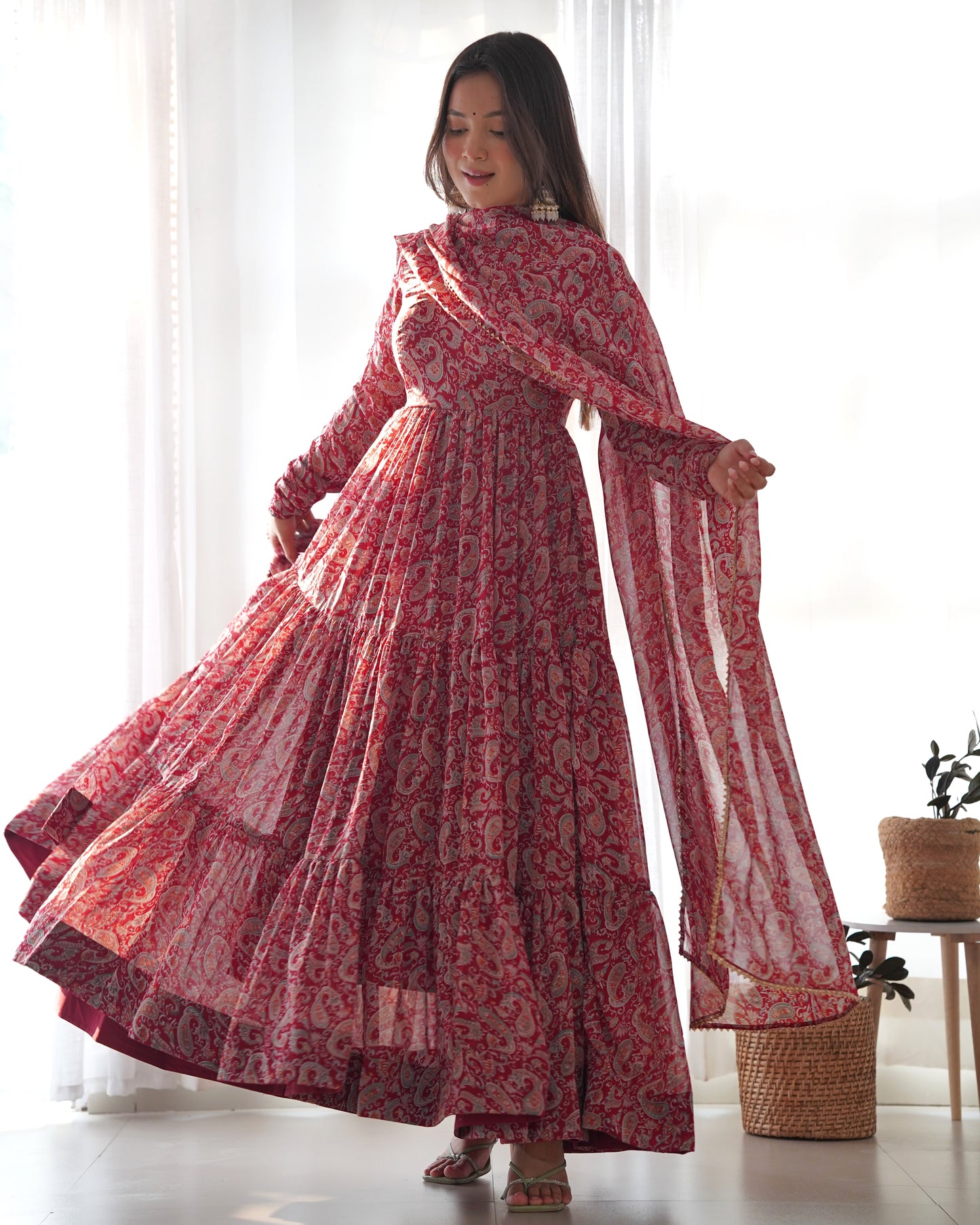 RED KALAMKARI PRINTED ANARKALI SET