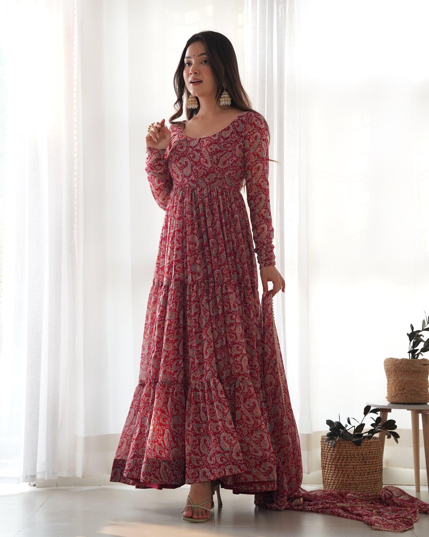 RED KALAMKARI PRINTED ANARKALI SET