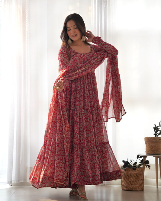 RED KALAMKARI PRINTED ANARKALI SET