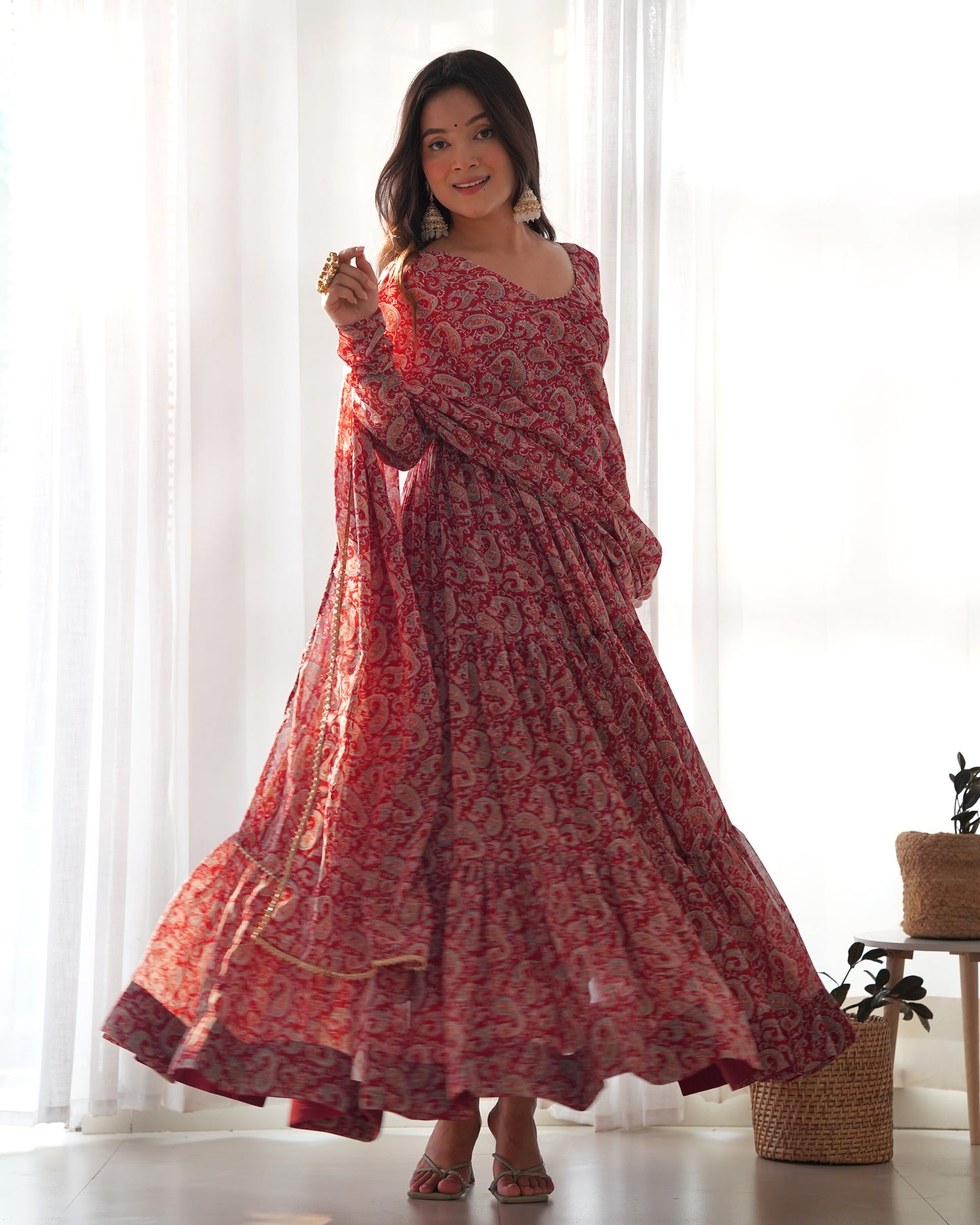 RED KALAMKARI PRINTED ANARKALI SET
