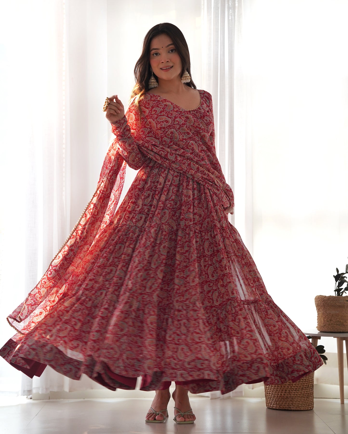 RED KALAMKARI PRINTED ANARKALI SET