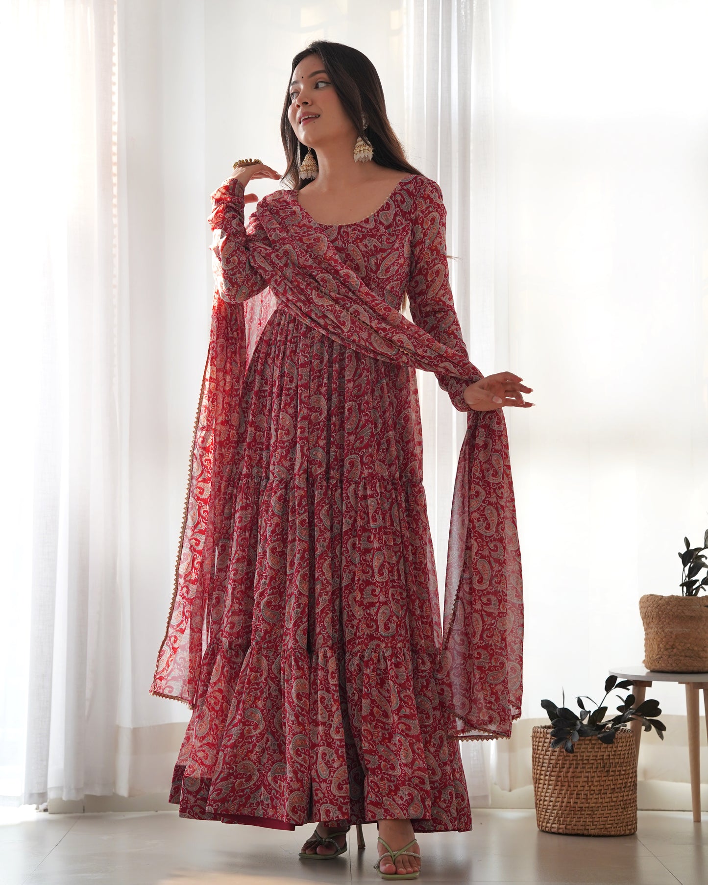 RED KALAMKARI PRINTED ANARKALI SET