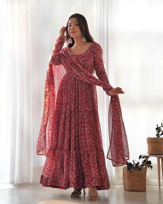 RED KALAMKARI PRINTED ANARKALI SET
