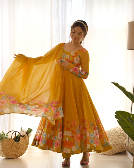 PURE SOFT ORGANJA SILK FABRIC FULLY FLAIR KALI PATTERN ANARKALI SET