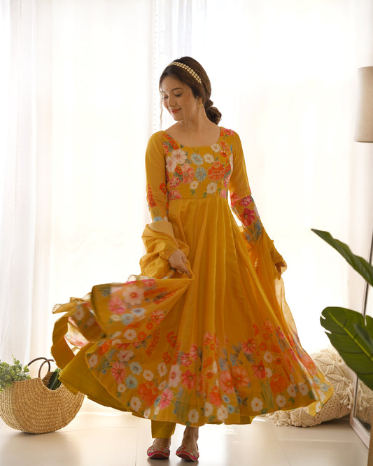 PURE SOFT ORGANJA SILK FABRIC FULLY FLAIR KALI PATTERN ANARKALI SET