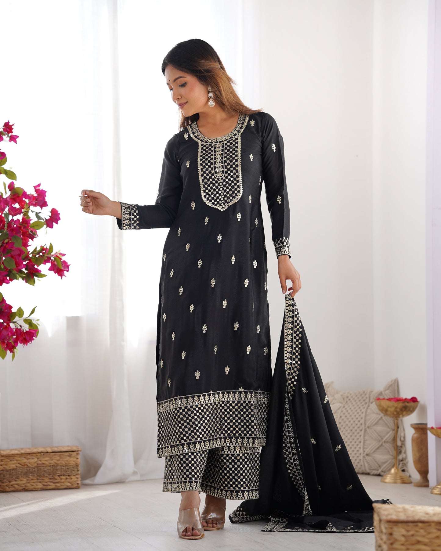 Elegant Pure Chinon Silk Embroidered Kurta Set
