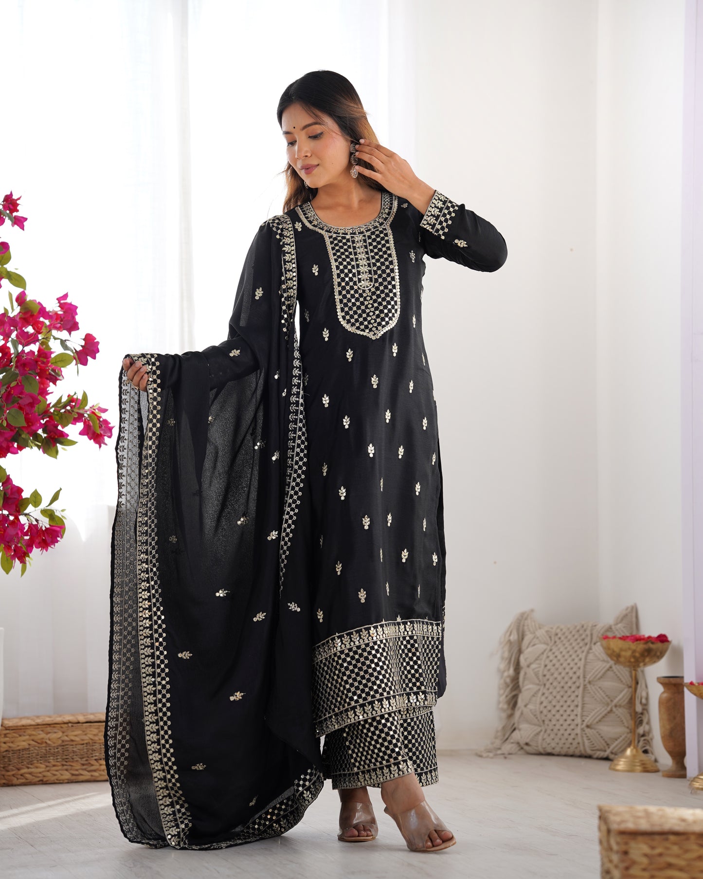 Elegant Pure Chinon Silk Embroidered Kurta Set