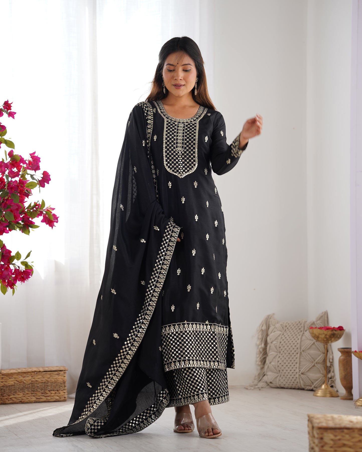 Elegant Pure Chinon Silk Embroidered Kurta Set