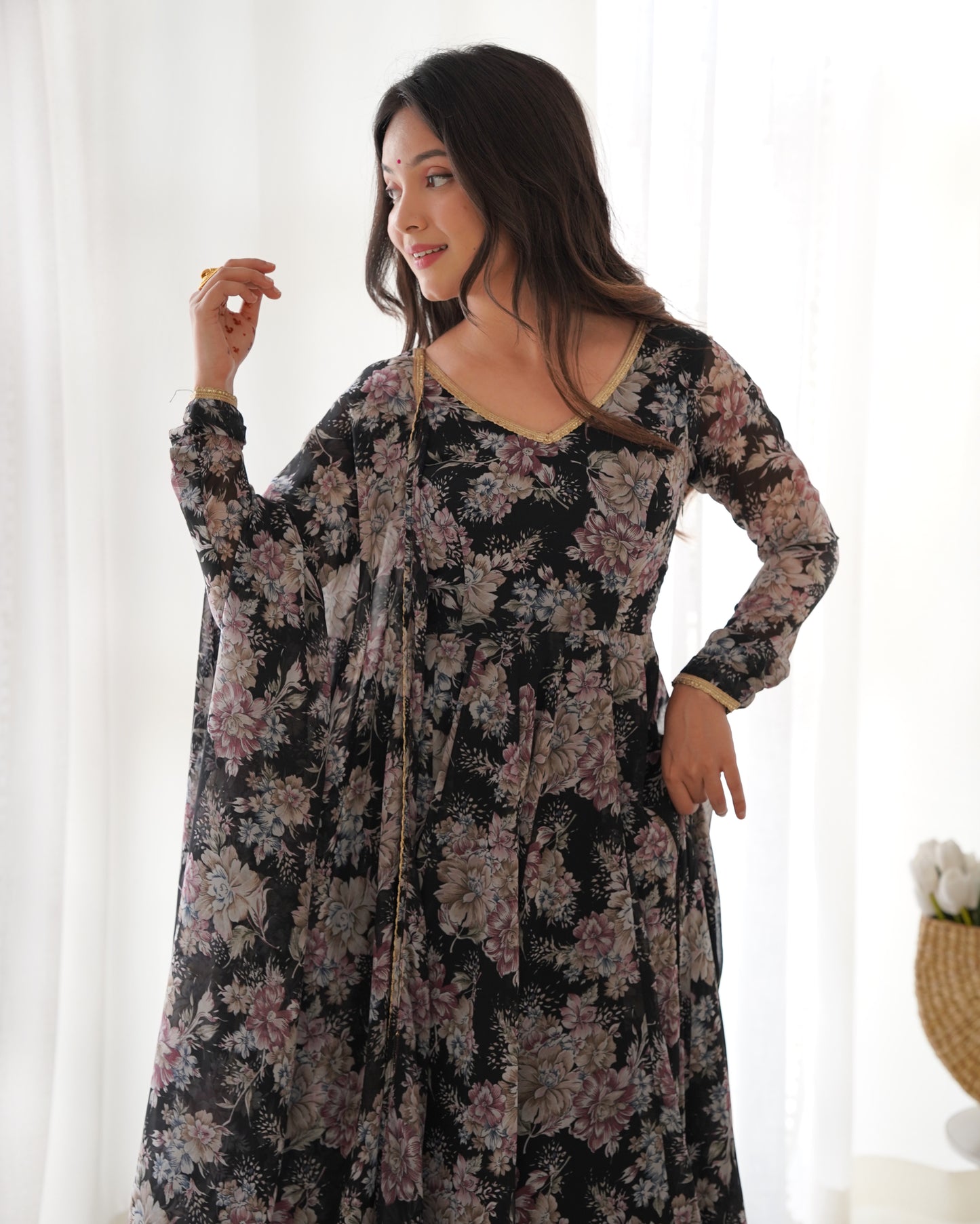 PURE FOX GEORGETTE MULTI FLORAL PRINT ANARKALI KURTA WITH DUPPTA