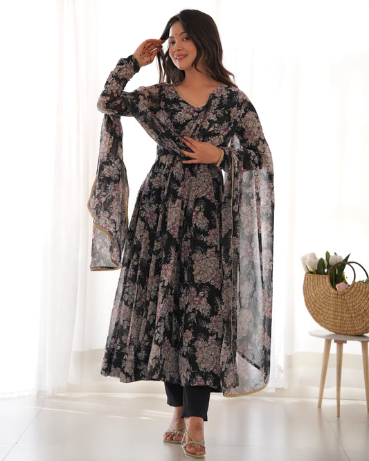 PURE FOX GEORGETTE MULTI FLORAL PRINT ANARKALI KURTA WITH DUPPTA