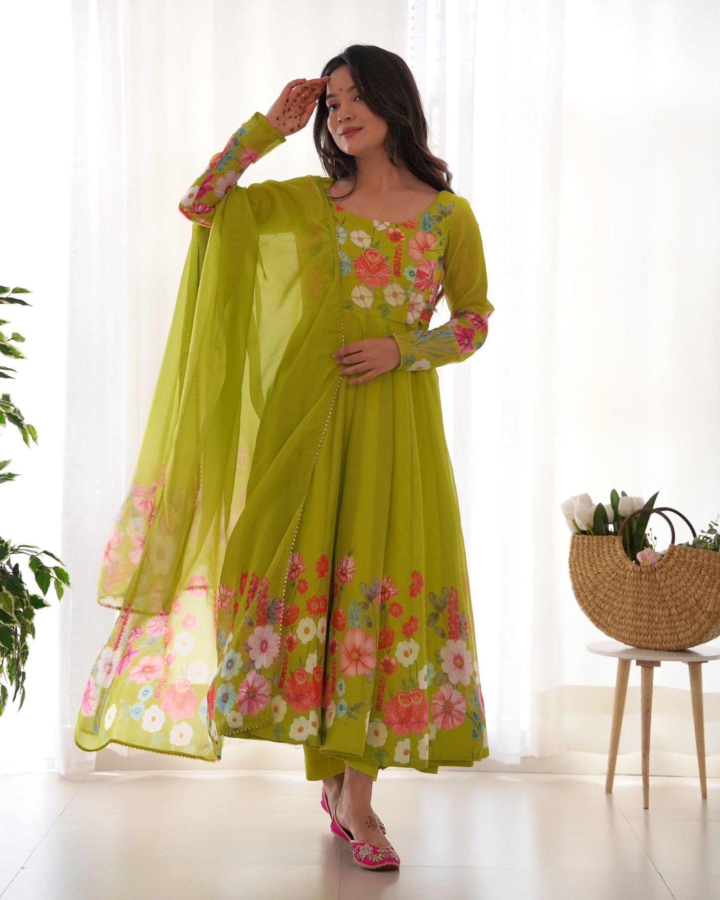 PURE SOFT ORGANJA SILK FABRIC FULLY FLAIR KALI PATTERN ANARKALI SET