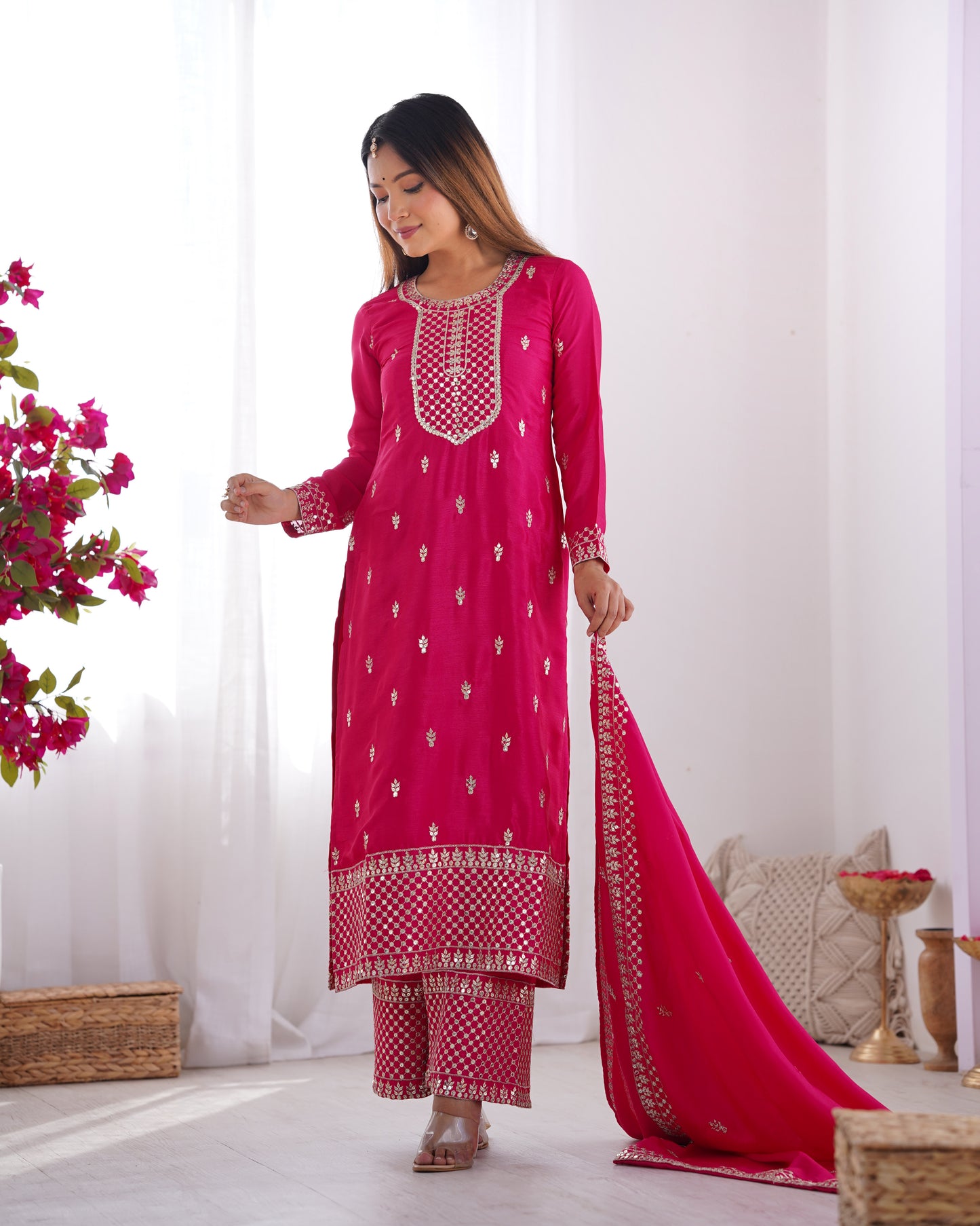 Elegant Pure Chinon Silk Embroidered Kurta Set
