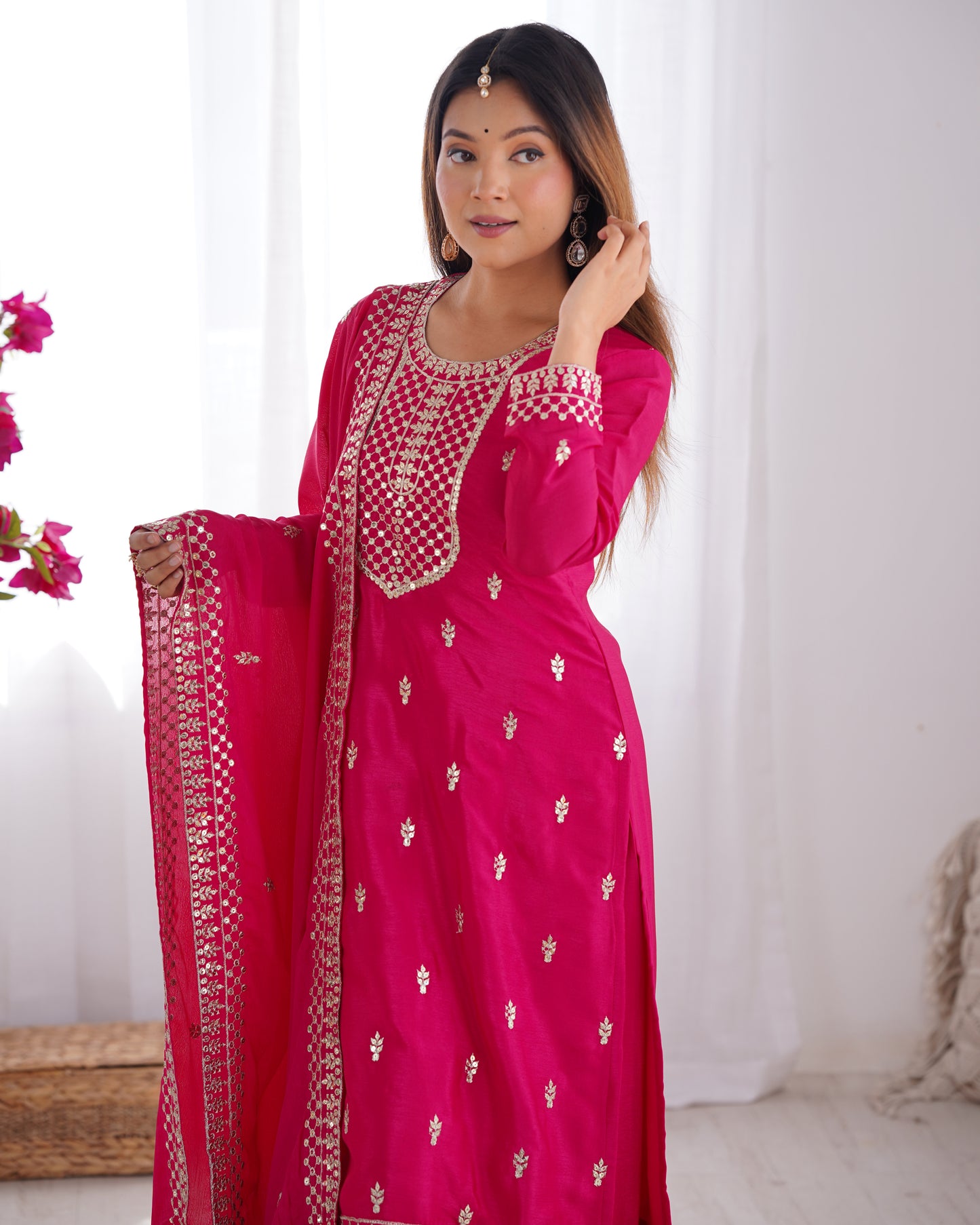 Elegant Pure Chinon Silk Embroidered Kurta Set