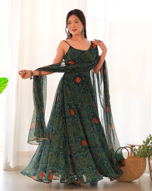 NEW DESIGNER PURE SOFT CHIFFON BANDHEJ FULLY FLAIR GOWN