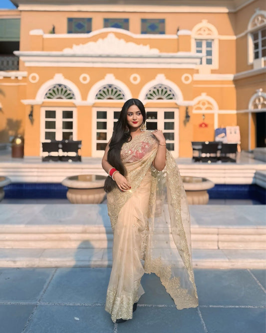 Georgeuse Gold Soft Nylon Designer Organza Saree