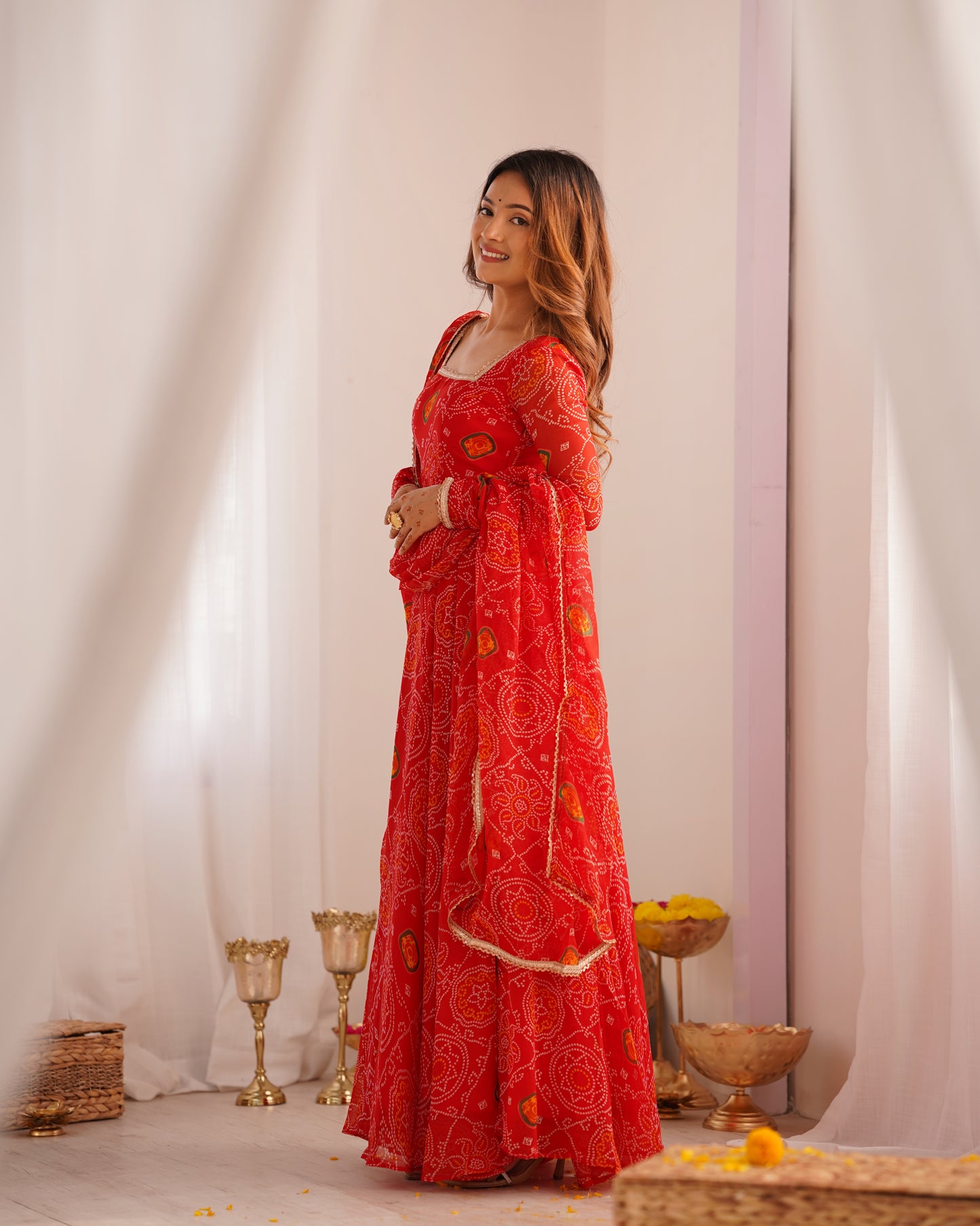 Designer Pure Soft Lightweight Chiffon Bandhej Anarkali Gown Set