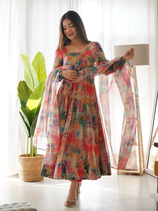 TABBY ORGANJA SILK FLAIR KALI PATTERN ANARKALLI SET
