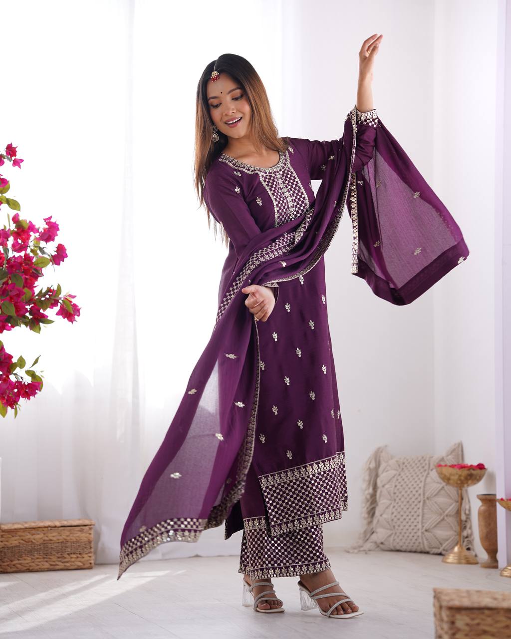 Elegant Pure Chinon Silk Embroidered Kurta Set
