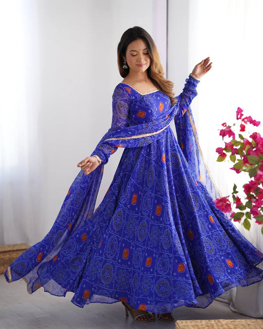 Designer Pure Soft Lightweight Chiffon Bandhej Anarkali Gown Set