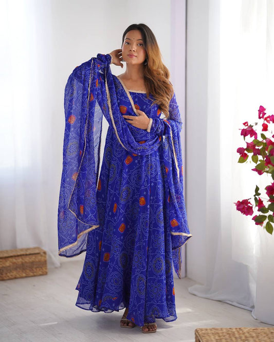 Designer Pure Soft Lightweight Chiffon Bandhej Anarkali Gown Set