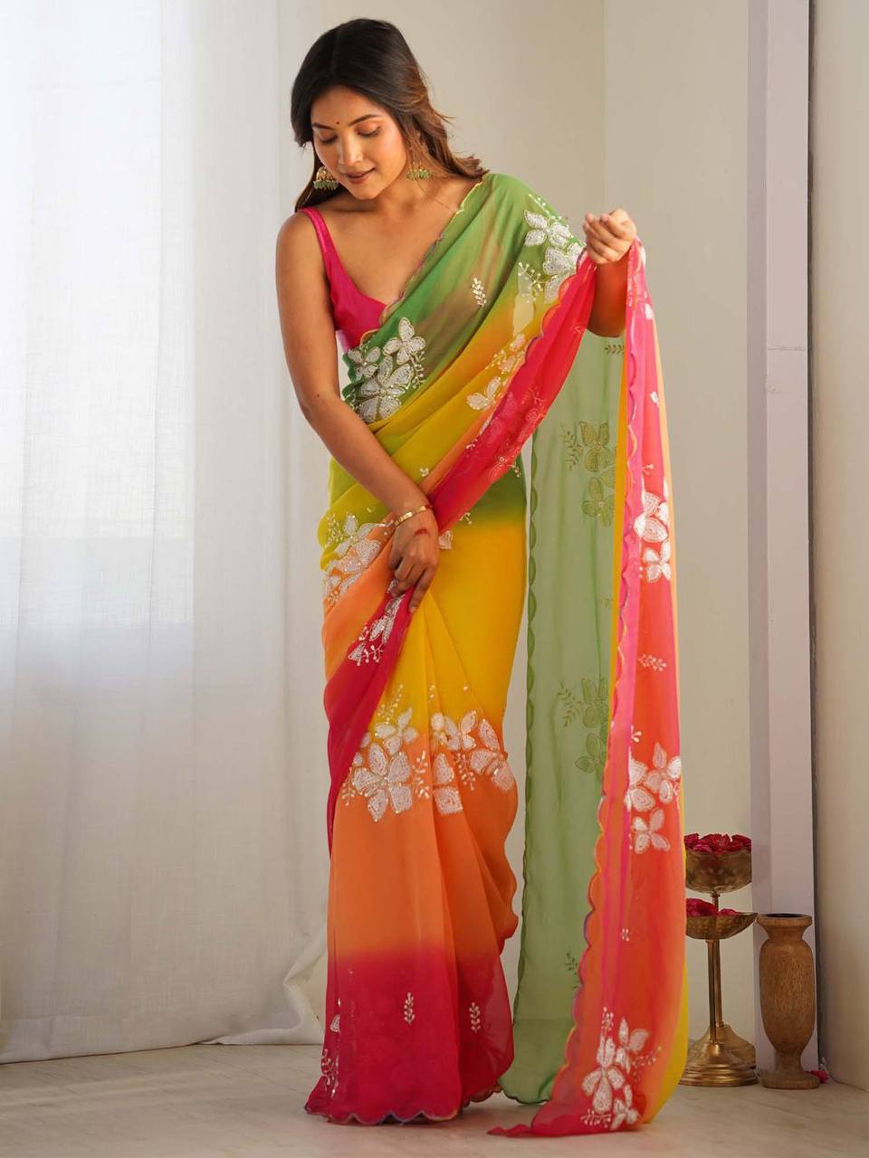 Georgette Silk Embroidery Work Saree with Unstitched Blouse