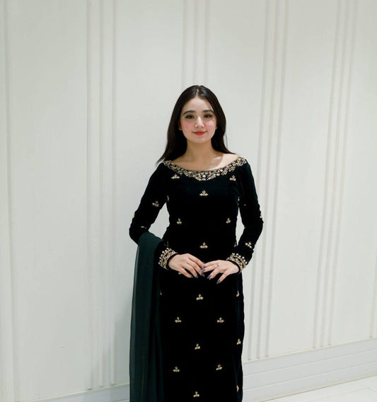 Velvet Sequence Embroidered Suit Set with Georgette Dupatta