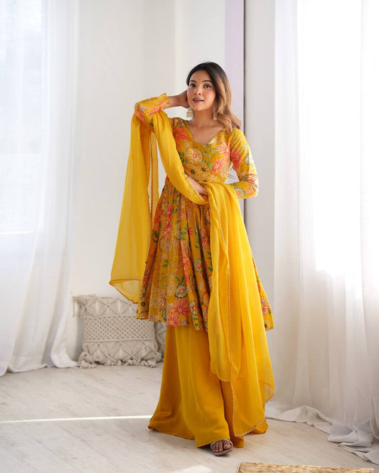 Pure Romansilk Chanderi Printed Kediya Style Kurta Set with Dupatta & Palazzo