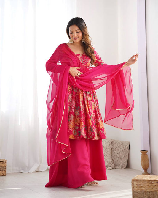 Pure Romansilk Chanderi Printed Kediya Style Kurta Set with Dupatta & Palazzo