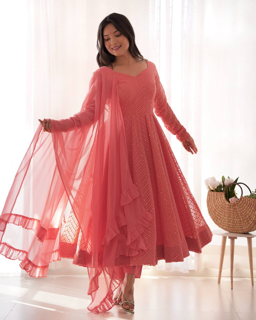Elegant Lucknowi Fox Georgette Anarkali Set with Ruffle Dupatta