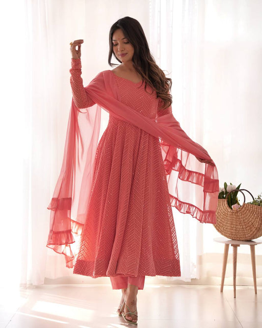 Elegant Lucknowi Fox Georgette Anarkali Set with Ruffle Dupatta