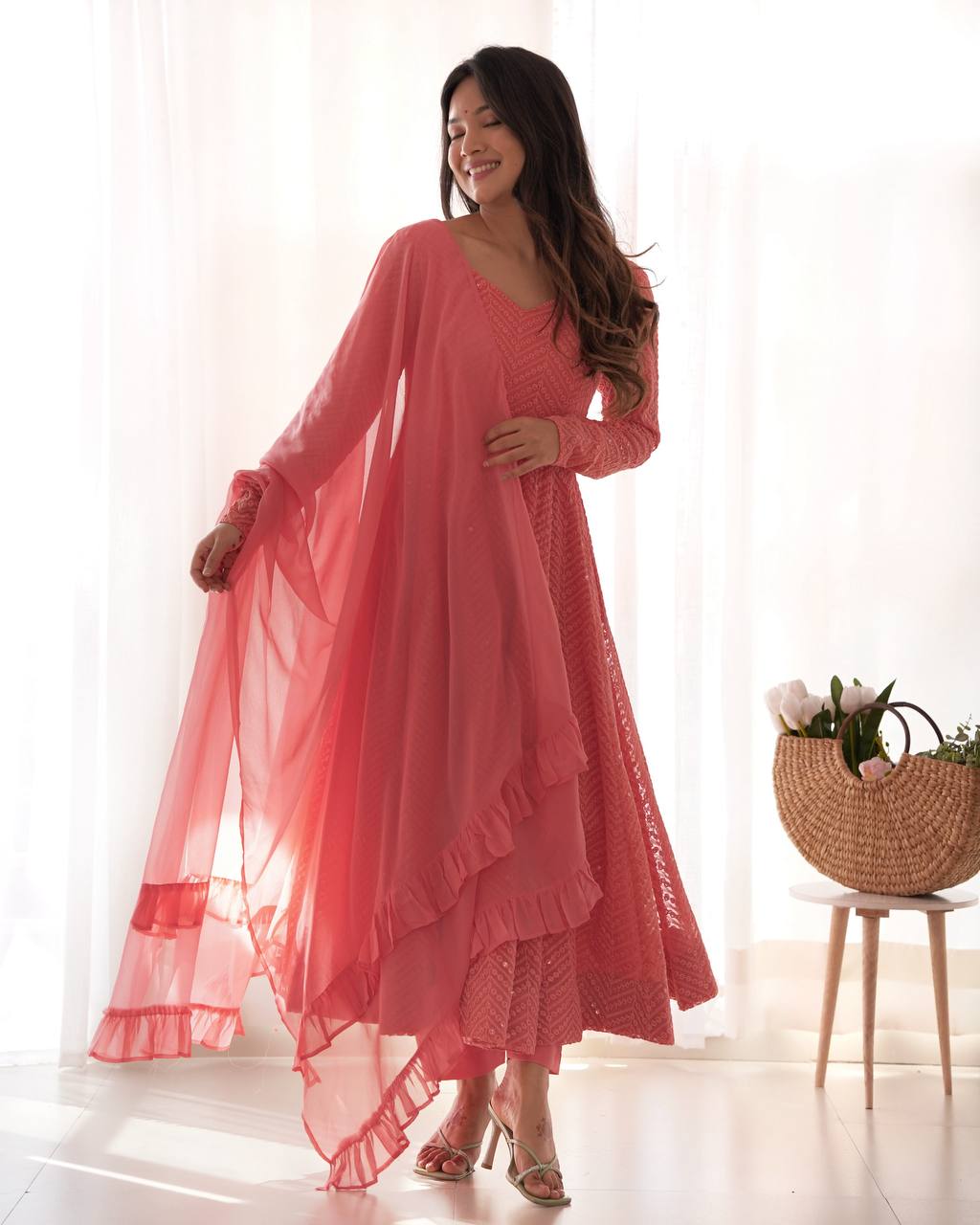 Elegant Lucknowi Fox Georgette Anarkali Set with Ruffle Dupatta