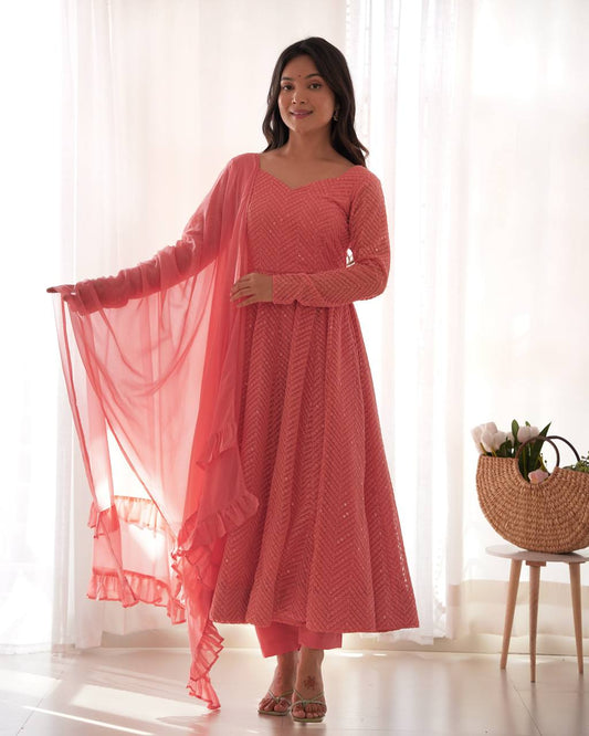 Elegant Lucknowi Fox Georgette Anarkali Set with Ruffle Dupatta