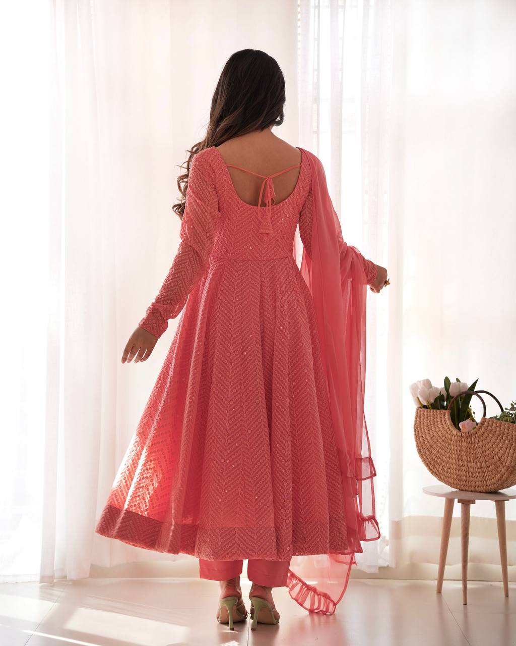 Elegant Lucknowi Fox Georgette Anarkali Set with Ruffle Dupatta