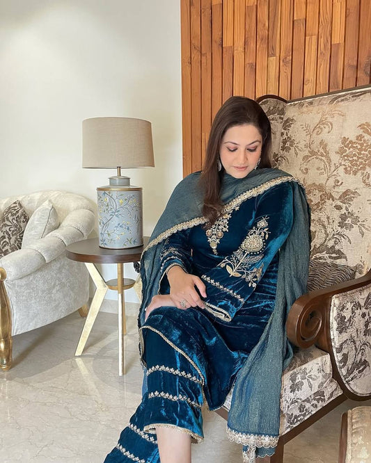 Velvet Cording Sequence Embroidered Suit Set