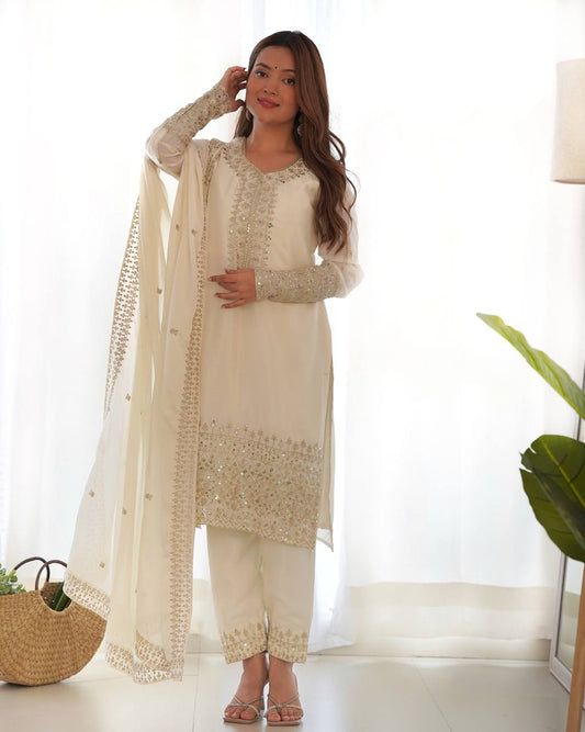 BEAUTIFUL WHITE COLOR PURE CHINON SILK KURTA SET WITH DUPPTA