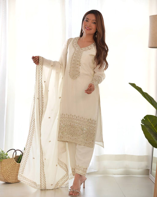 BEAUTIFUL WHITE COLOR PURE CHINON SILK KURTA SET WITH DUPPTA
