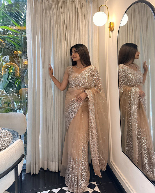 Beige Sparkle Premium Butterfly Net Saree