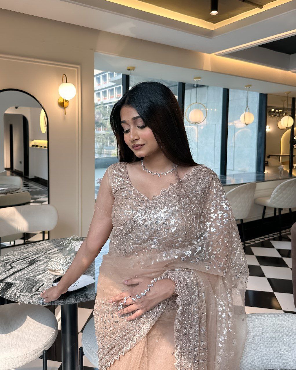 Beige Sparkle Premium Butterfly Net Saree