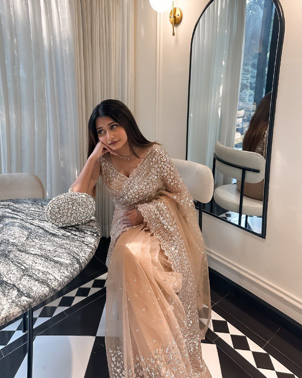 Beige Sparkle Premium Butterfly Net Saree
