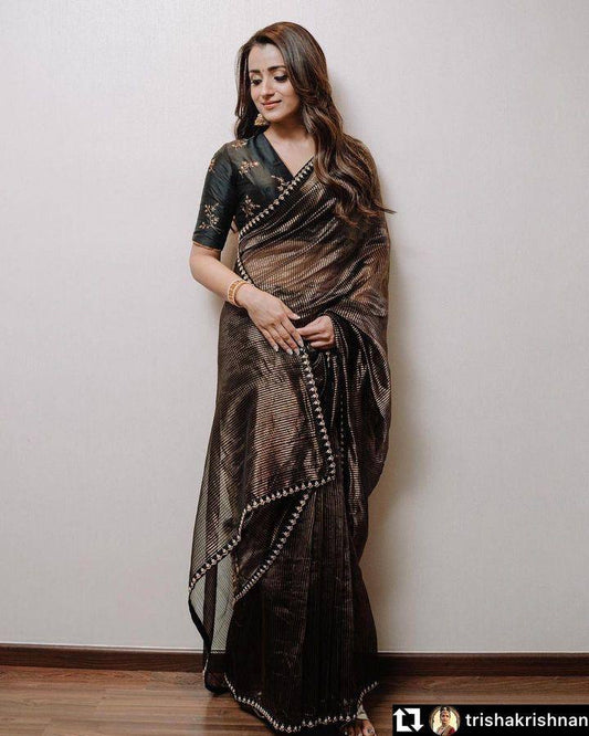 Black & Gold Zari Tissue Saree with Sequins & Dori Work