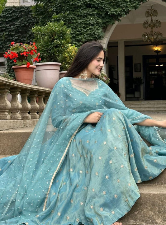 Light Blue Barbary Silk Designer Kurti With Embroidered Dupatta